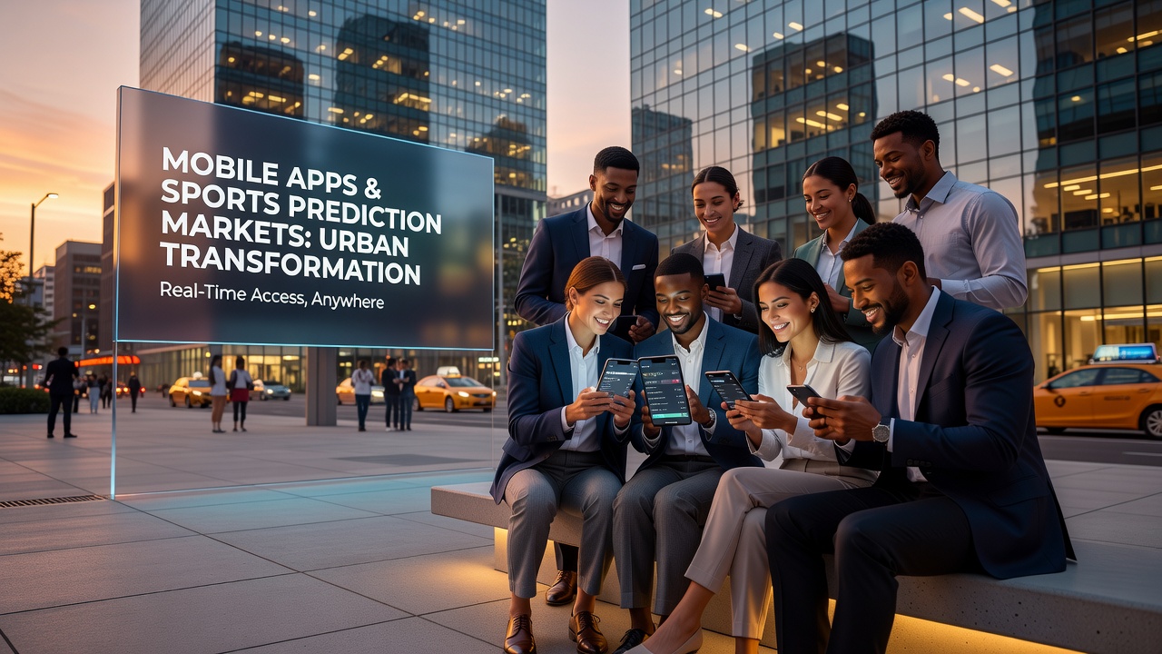City skyline with overlay graphics showing mobile sports prediction market activity