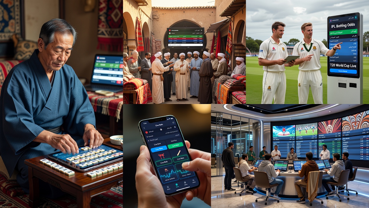 Traditional community gatherings alongside modern betting interfaces in urban and rural settings